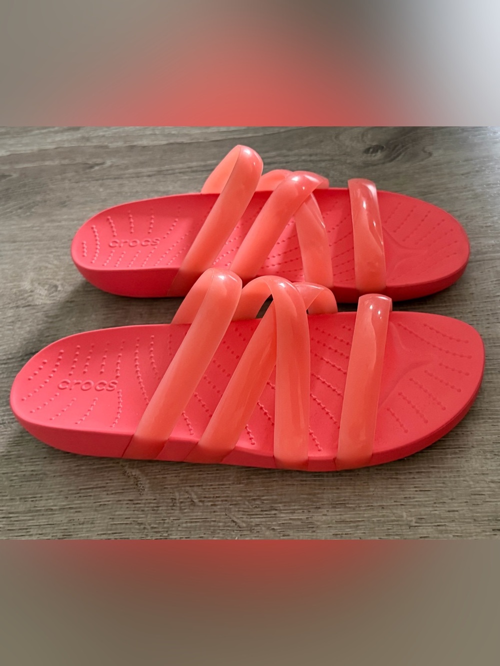 CROCS Women's Splash Glossy Strappy Coral Multi-Strap Slide Sandals size 9